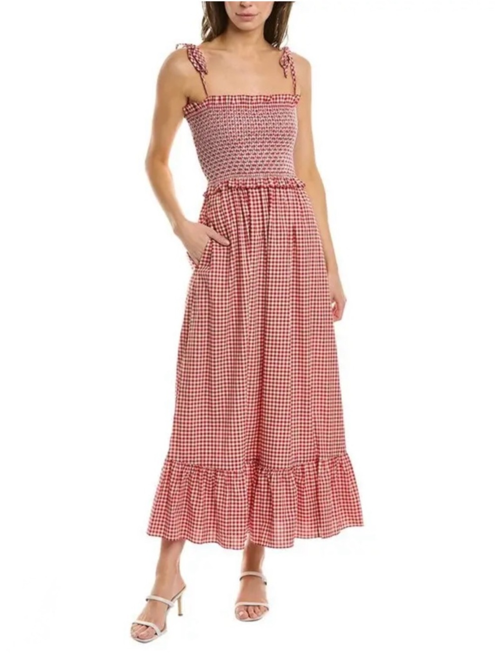 KATE SPADE  Red Gingham Smocked Dress with Tie Straps 96% cotton